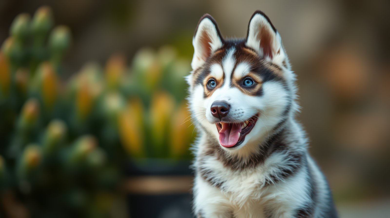 Playful husky puppy enjoys a sunny day outdoors in a garden filled with greenery and colorful plants